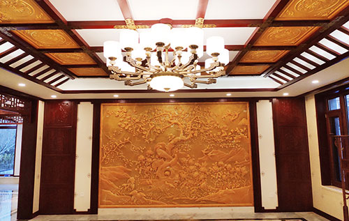 岳西中式别墅客厅中式木作横梁吊顶装饰展示