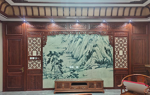 岳西中式仿古别墅客厅背景墙花格木作装饰